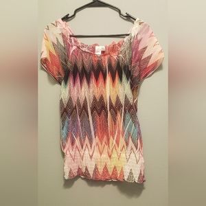 Off shoulder see-through multi colored peasant top